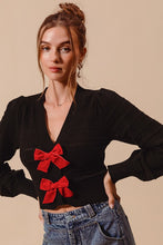 Load image into Gallery viewer, ^Contrast Bow Front Knit Cardigan - Red/Black