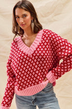 Load image into Gallery viewer, Color Block Textured VNeck Sweater - Red Pink