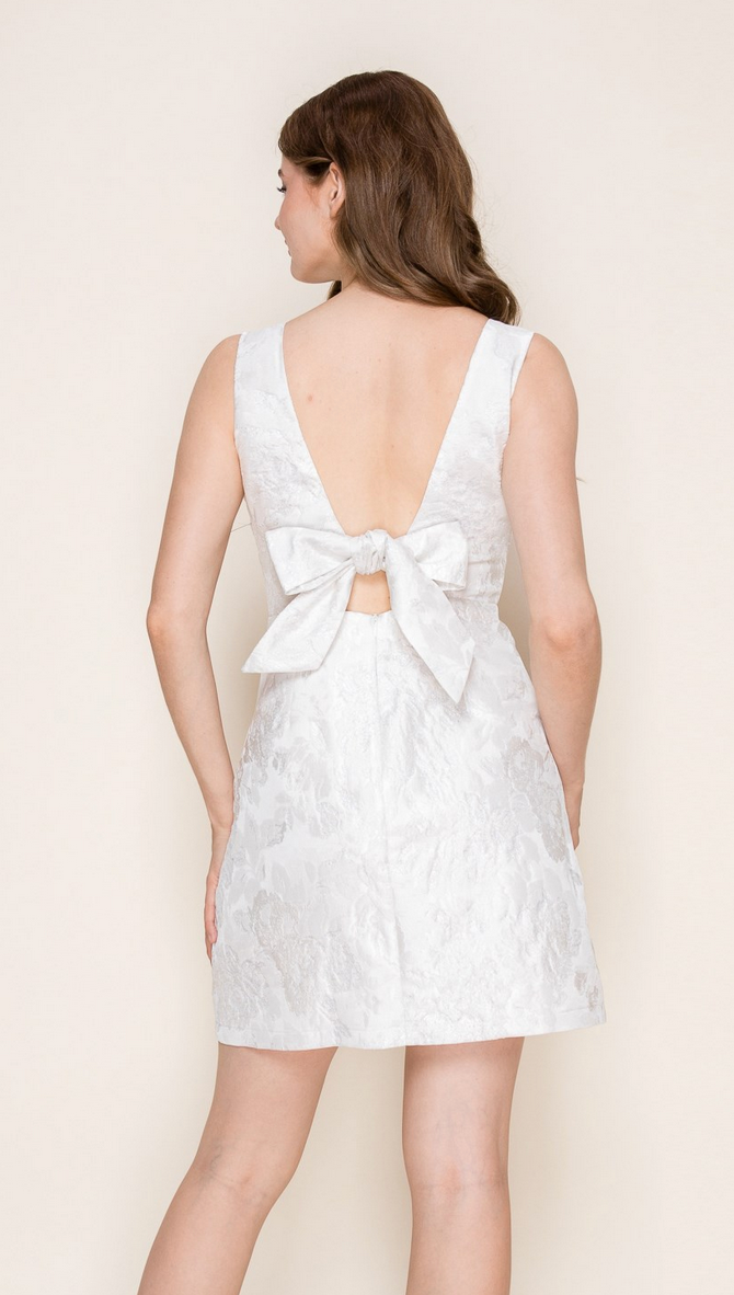 Deep V Jacquard Bow Back Dress