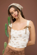 Load image into Gallery viewer, Floral RIbbon Bow Sleeve Top - White/Brown