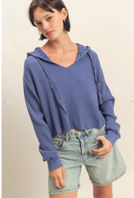 Load image into Gallery viewer, Mineral Washed Cropped Waffle Knit Hoodie - Dusty Indigo