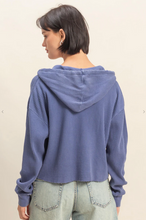 Load image into Gallery viewer, Mineral Washed Cropped Waffle Knit Hoodie - Dusty Indigo