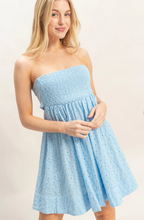 Load image into Gallery viewer, Eyelet Smocked Strapless Dress - Light Blue
