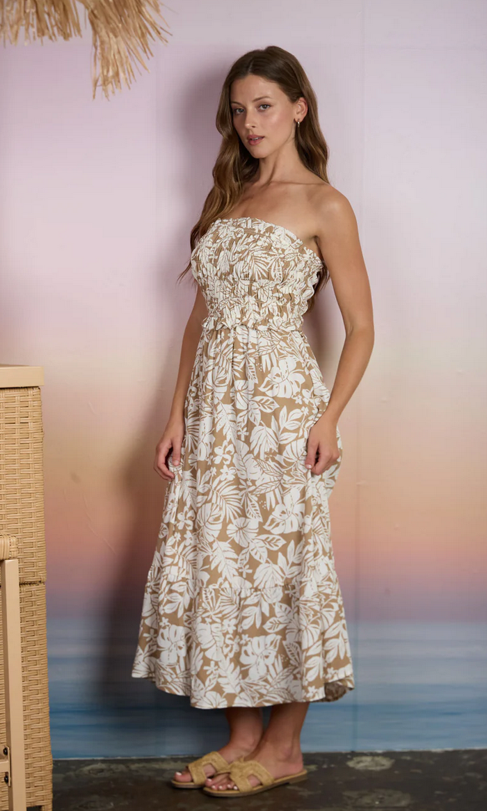 Tropical Leaf Print Strapless Midi Dress -Latte Tropical Leaf Print Strapless Midi Dress -Latte