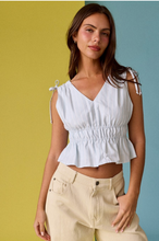 Load image into Gallery viewer, Tie Shoulder Peplum Stripe Top - Blue/White