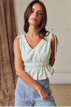 Load image into Gallery viewer, Tie Shoulder Peplum Stripe Top - Green/White