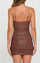 Load image into Gallery viewer, Glitter Pleated Bust Ruched Mini Dress - Choco Brown