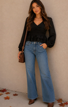 Load image into Gallery viewer, Ruched Peplum Long Sleeve - Black
