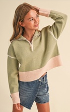 Load image into Gallery viewer, Half Zip Sailor Collar Sweater Sage/Pink - Youth