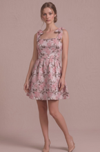 Load image into Gallery viewer, Tie Strap Jacquard Babydoll Mini Dress - Pink/Gold