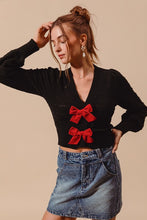 Load image into Gallery viewer, ^Contrast Bow Front Knit Cardigan - Red/Black