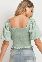 Load image into Gallery viewer, +Puff Sleeve Shirred Trim Top - Sage
