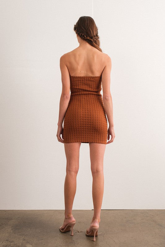 Textured Strapless Front Twist Mini Dress - Cafe Isa Roe Textured Strapless Front Twist Mini Dress - Cafe Isa Roe