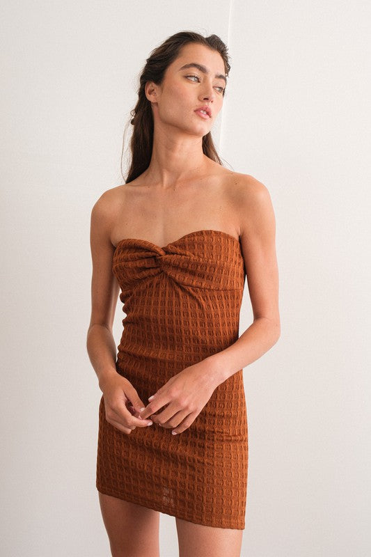 front twist mini dress Textured Strapless Front Twist Mini Dress