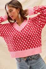 Load image into Gallery viewer, Color Block Textured VNeck Sweater - Red Pink
