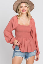 Load image into Gallery viewer, Puff Sleeve Smocked Peplum Blouse - Mauve
