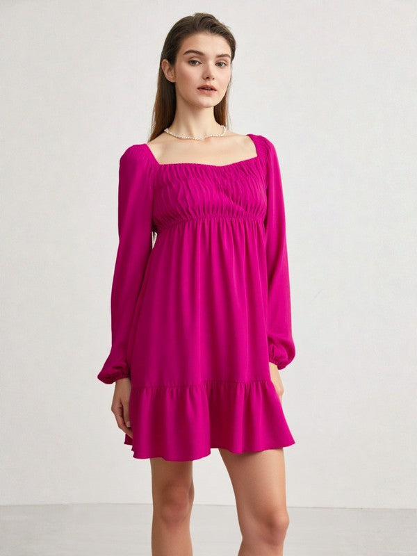 Bust Pleated Long Sleeve Mini Dress