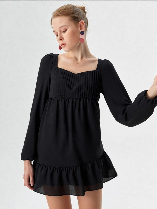 Bust Pleated Long Sleeve Mini Dress - Black – Isa Roe