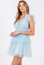 Load image into Gallery viewer, +Pearl Mesh Tiered V-Neck Dress - Light Blue
