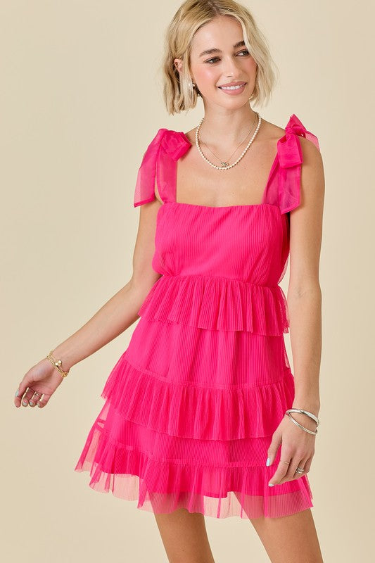 Tiered Ruffle Mini Dress - Hot Pink Large