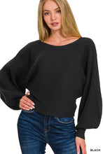 Load image into Gallery viewer, Ribbed Boat Neck Balloon Sleeve Sweater - Black
