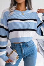 Load image into Gallery viewer, +Striped Cropped Round Neck Pullover Sweater - Blue/Multi
