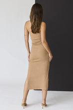 Load image into Gallery viewer, Strapless Front Twist Ribbed Midi Dress - Taupe
