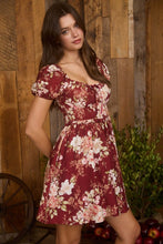 Load image into Gallery viewer, Floral Ruffle Trim Velvet Mini Dress - Burgundy
