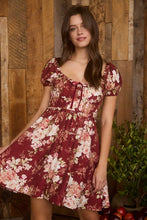 Load image into Gallery viewer, Floral Ruffle Trim Velvet Mini Dress - Burgundy
