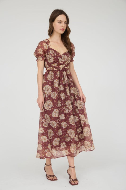 Floral Sweetheart Neck Back Tie Midid Dress- Burgundy Large