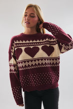 Load image into Gallery viewer, Heart Knit Fair Isle Sweater- Butgundy Cream
