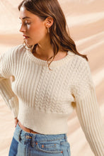 Load image into Gallery viewer, Cable Knit Crop Sweater Ribbed Hem - Ivory
