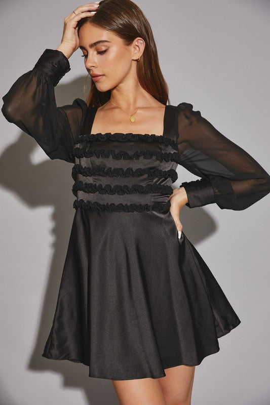 ^Satin Squareneck Ruffle Dress