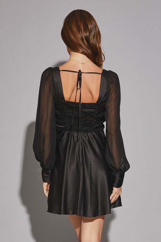 ^Satin Squareneck Ruffle Dress - Black Large ^Satin Squareneck Ruffle Dress - Black Large