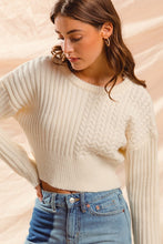 Load image into Gallery viewer, Cable Knit Crop Sweater Ribbed Hem - Ivory
