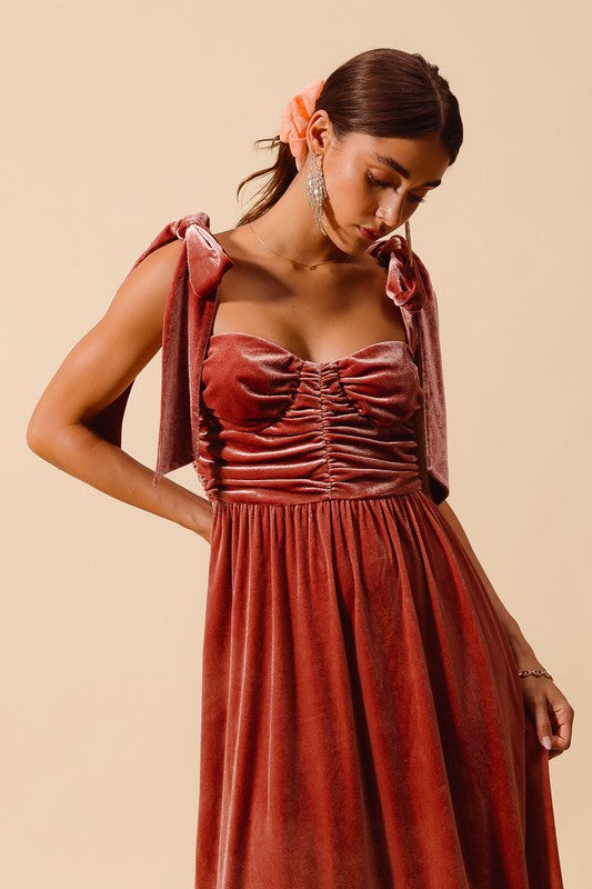 Velvet Corset Top Tie Strap Maxi Dress - Mauve Isa Roe Velvet Corset Top Tie Strap Maxi Dress - Mauve Isa Roe