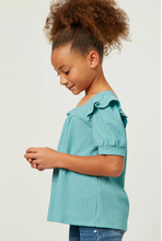 Load image into Gallery viewer, *Textured Knit Ruffle Sleeve Turquoise Top - Youth