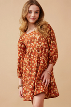 Load image into Gallery viewer, +Floral Corduroy Pleated Sleeve Dress Rust - Youth
