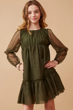 Load image into Gallery viewer, Cinched Puff Sleeve Tiered Mesh Dress Olive - Youth