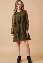 Load image into Gallery viewer, Cinched Puff Sleeve Tiered Mesh Dress Olive - Youth