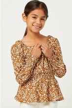 Load image into Gallery viewer, Smocked Cuff Peplum Top Camel - Youth
