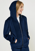 Load image into Gallery viewer, Velour Ribbed Zip Up Hoodie Navy - Youth