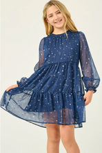 Load image into Gallery viewer, Sheer Sleeve Star Foil Print Dress Navy - Youth