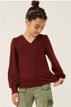 Load image into Gallery viewer, Marled Smocked Cuff Top Burgundy - Youth