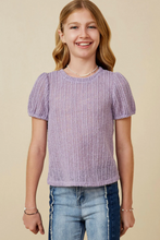 Load image into Gallery viewer, Ribbed Knit Textured Puff Sleeve Top Lavender - Youth