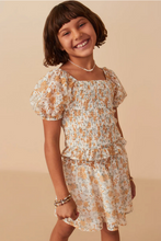 Load image into Gallery viewer, Eyelet Smocked Puff Sleeve Top Honey Floral - Youth