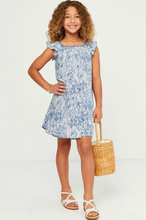 Load image into Gallery viewer, Botanical Print Lace Trim Dress Blue - Youth
