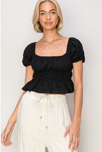 Load image into Gallery viewer, Textured Peplum Lace-Up Back Top - Black
