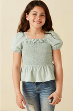 Load image into Gallery viewer, +Ruffled Smocked Chest Babydoll Top Sage - Youth
