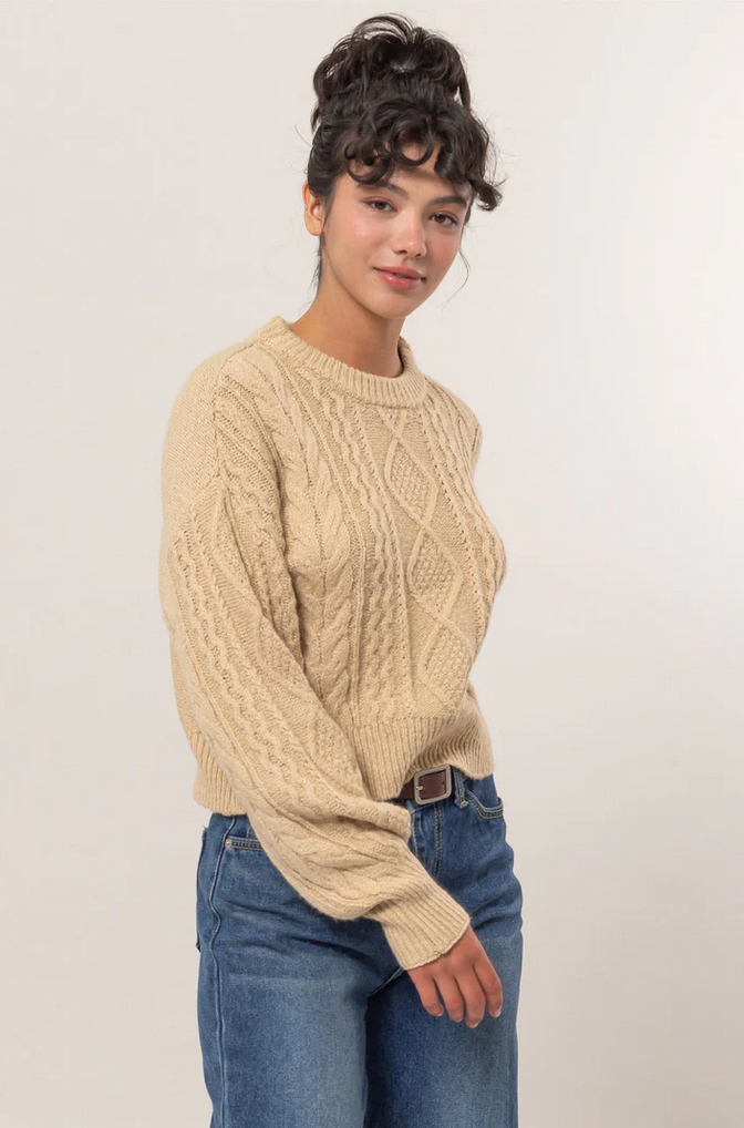 Cable Knit Balloon Sleeve Sweater Taupe Isa Roe
